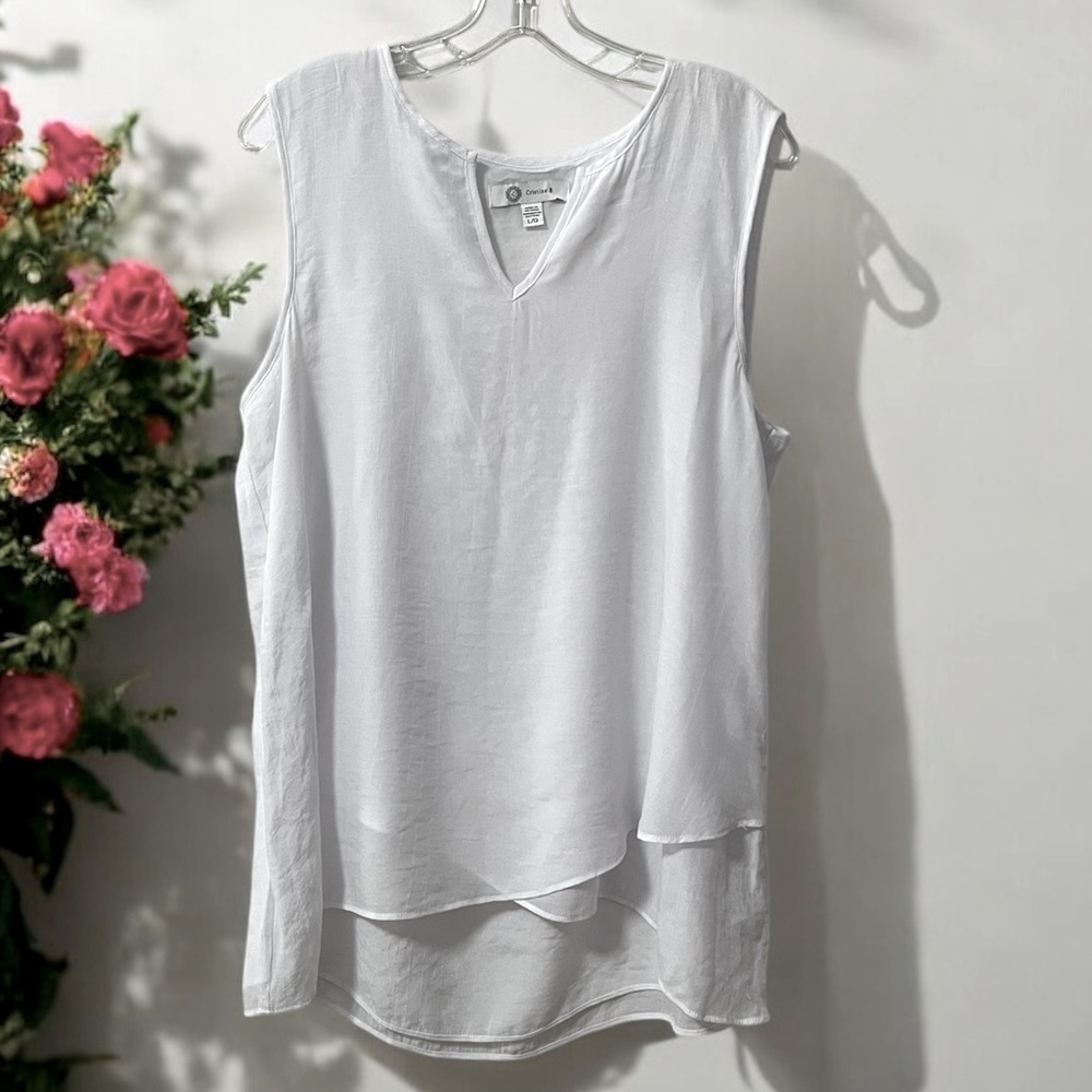 CRISTINA B Sz L Sleeveless Tunic Top Coverup Tiered Flowy Bright White - Large